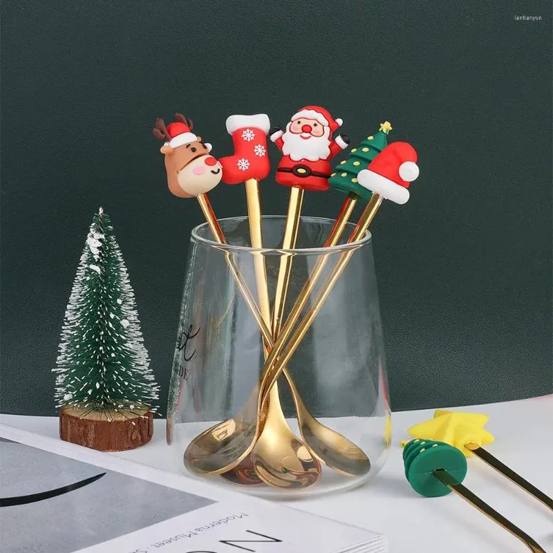 Ensembles de couverts 4pcs / 2set cadeau de Noël couverts cuillère fourchette ensemble décoration d'arbre d'élan dessert café aux fruits