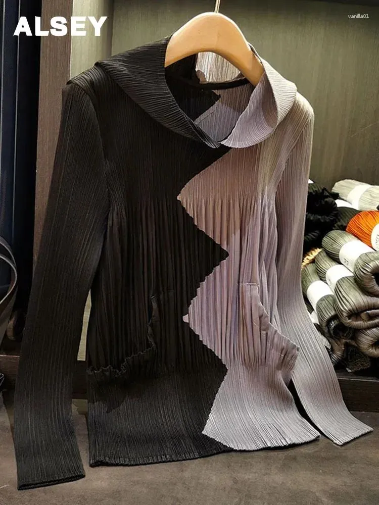 Kvinnors T -skjortor Alsey Miyake Pleated Hooded Shirt Women Color Block Full Sleeve Pullover 2024 Spring Cresatile Casual Clothing Female