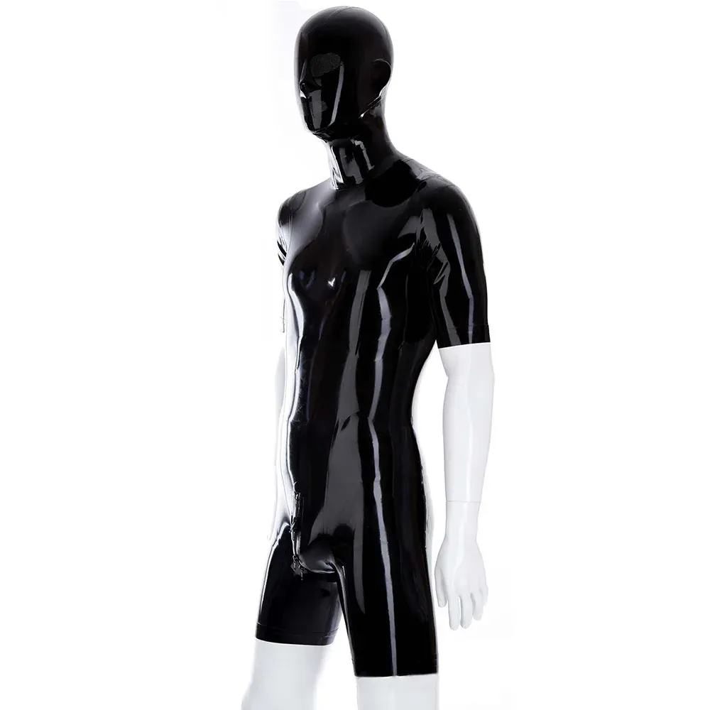 Män glänsande glansiga PVC -läder huva bodysuit Kort ärm Catsuit Exotiska tights Rompers täcker ansikts Jumpsuit med Back Zipper 7xl