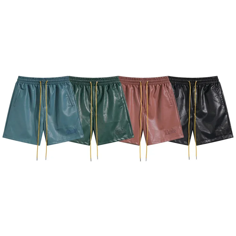 Rhude Embroidery Letter Casuary Shorts Men Couple Style Drawstring Simple Fashion Streetwear Pu Leather Green Blackburgundy 240329