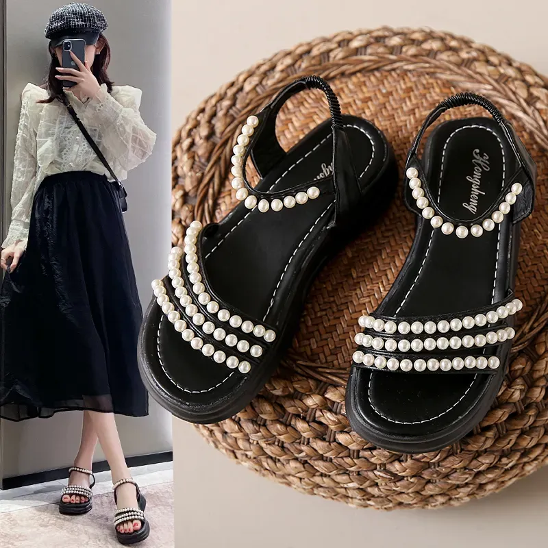 2024 Women Comfortable Outdoor Sandals Pearl Casual Broad Slippers Maternity Shoes Sandalias Mujer Round on Plus Size :35-40