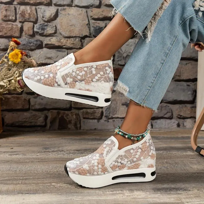 Casual Shoes Spring Summer Mesh Single Pointed Pine Platform Thick Sole broderade set Feet Women's C1127