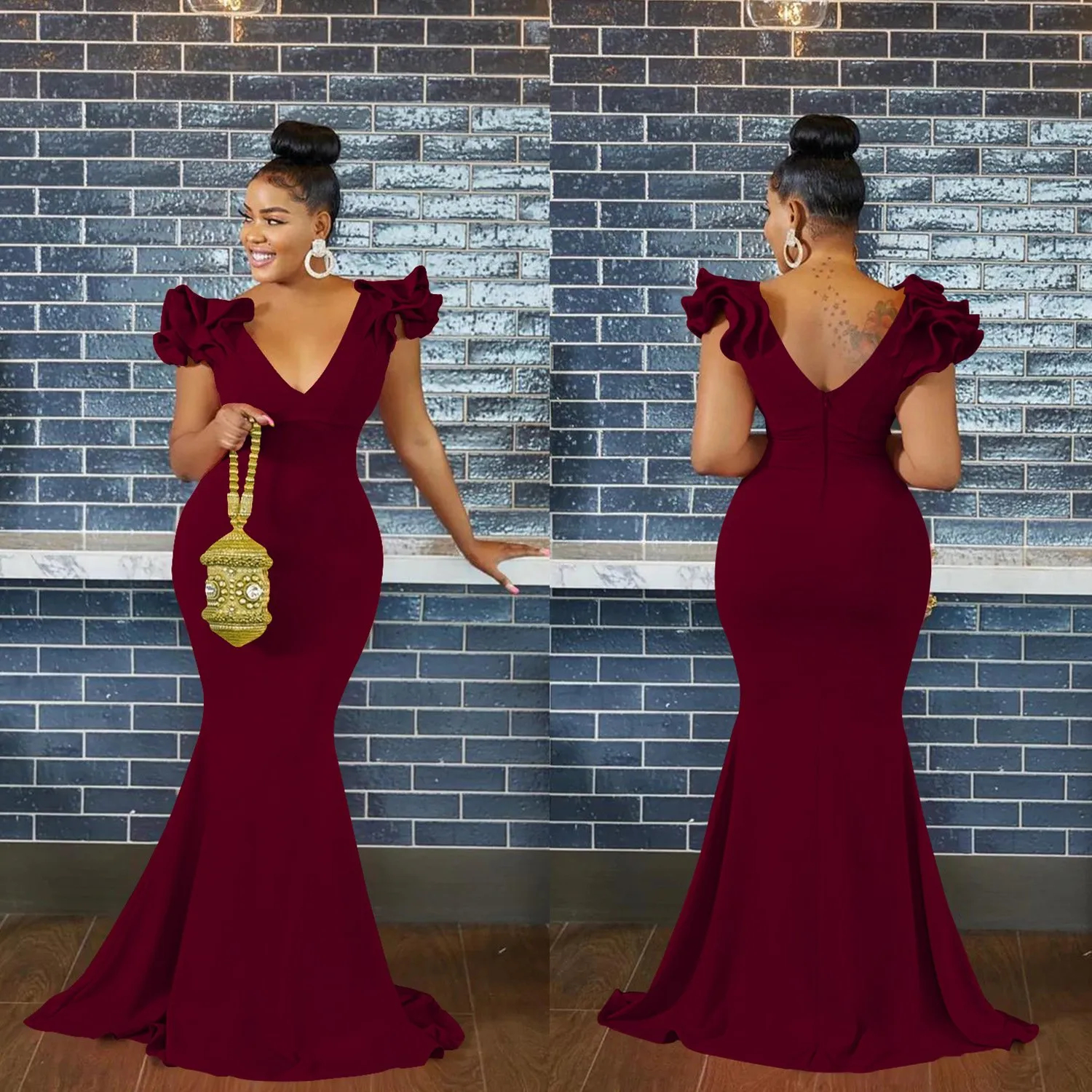 パーティードレス Petal Sleeve Deep V-neck Gown DHgate.com:Deep V Neck Petal Sleeve Maxi Dress for Women