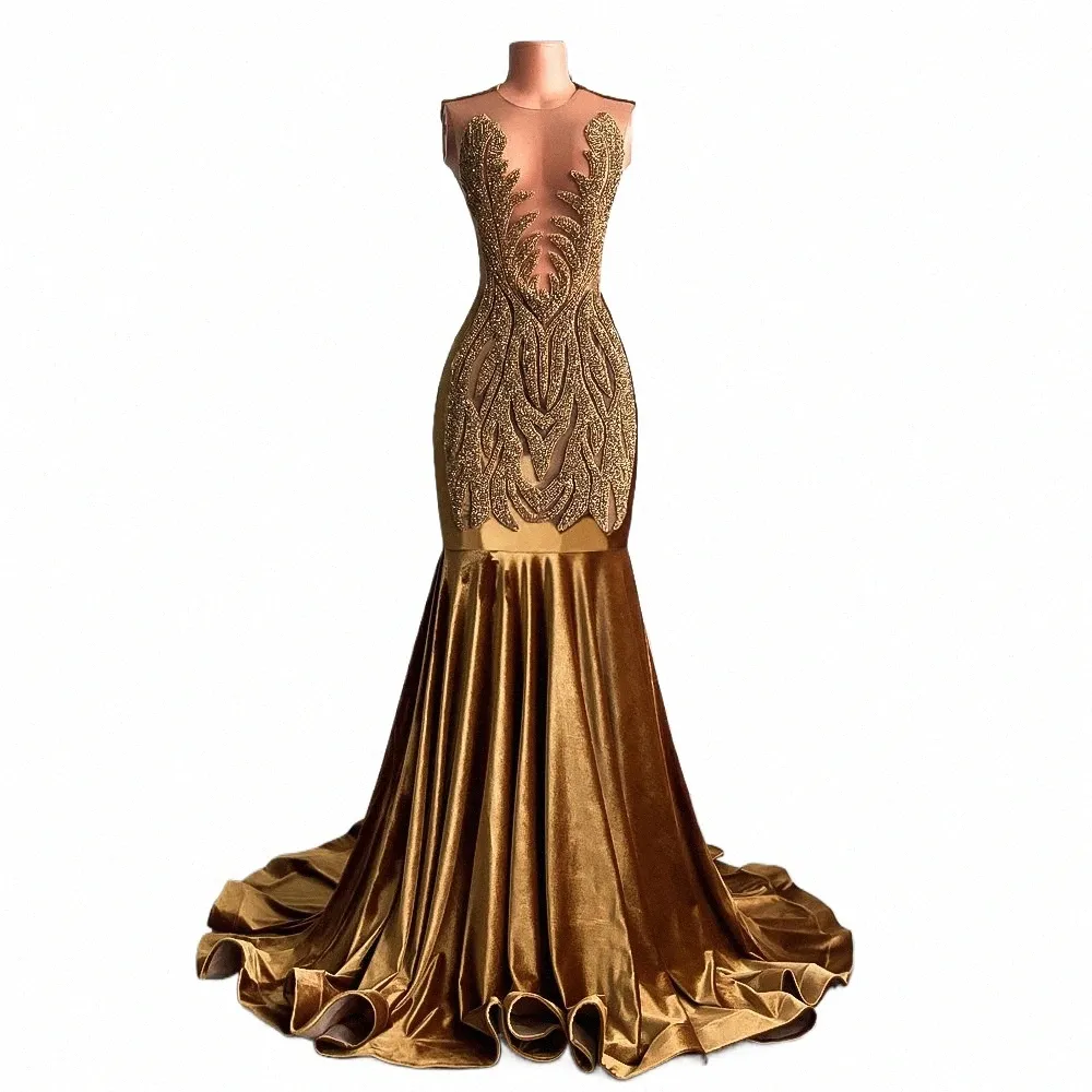 LG Gold Prom Dres 2024 Prawdziwa zdjęcie Sheer Top Luksus Blaskly Diamd Veet Black Girl Mermaid Party Party Gala 02YD#