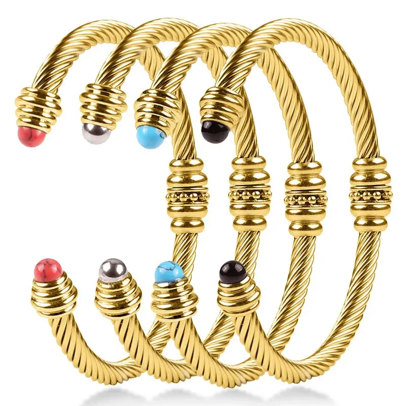Bracelets à manchette ouverte à Double tête de boule d'agate pour femmes, bracelets à corde torsadée en fil d'acier inoxydable, bijoux faits à la main à la mode 240311