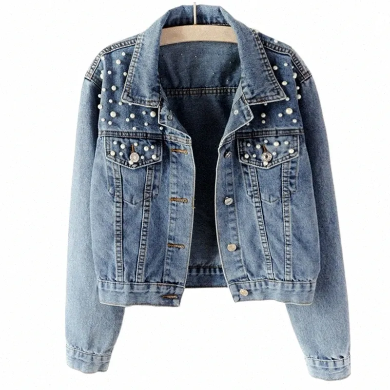 Designer Pearl Beading Black Short Jean Jackets Korean Chi Street Jeans Jacket Chi Cott Collar Blue White Croped Denim Coat 49MF#