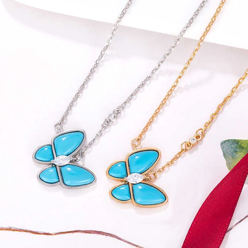 Designer Brand Van New Turquoise Blue Butterfly Necklace Glod Plated 18K Gold Product Collar Chain