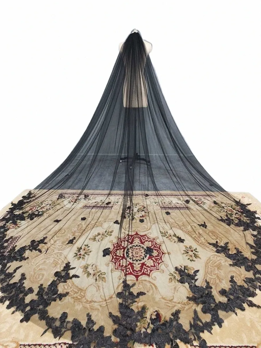 1 Layer Black Lace Wedding Veil Cathedral Length 3 Meters Bridal Veil