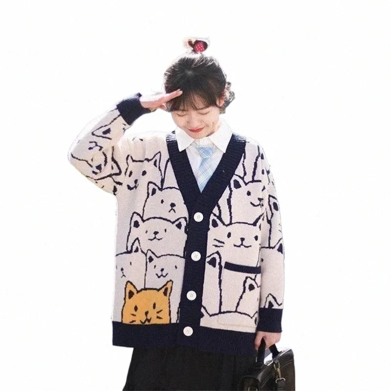 2023 Autumn/Winter New in Cat Pattern Jacquard Knit Women LG Cardigan Loose Sticked V-Neck Fi tröja R4VN#