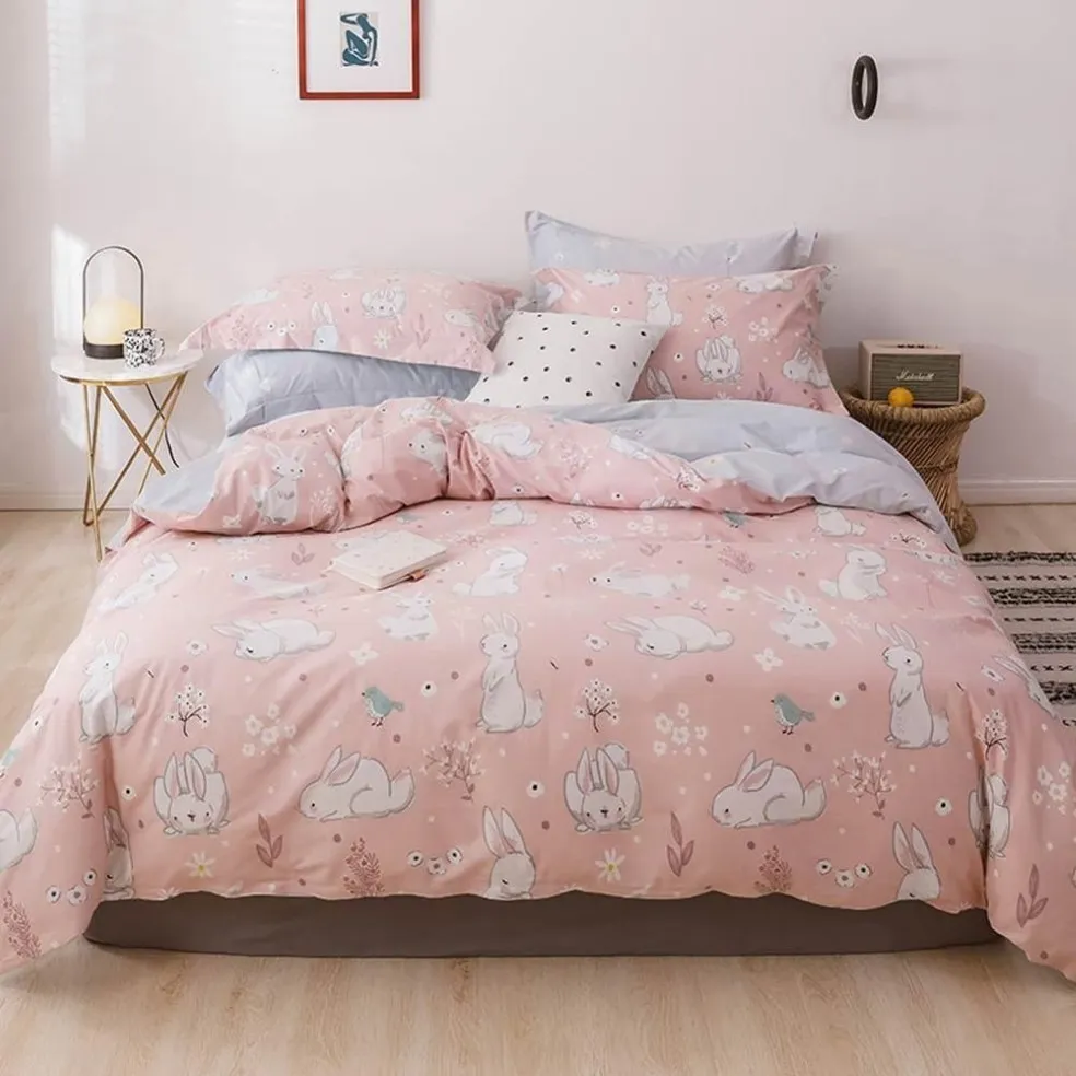 White Bunny Rabbit Pink Duvet Cover Set Cotton Bedlinens Twin Queen King Flat Sheet Fitted Sheet Bedding T200706263P