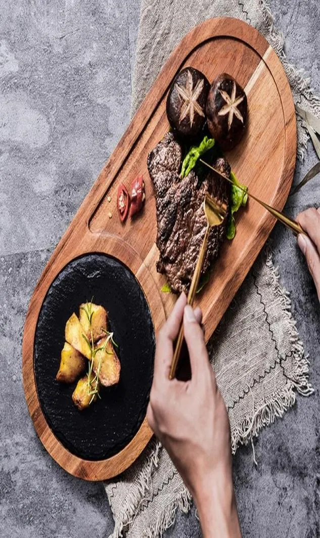 Plats assiettes en bois naturel Steak servant avec pierre d'ardoise planche de charcuterie Sushi Dessert assiette barbecue grill poisson Tray6432991