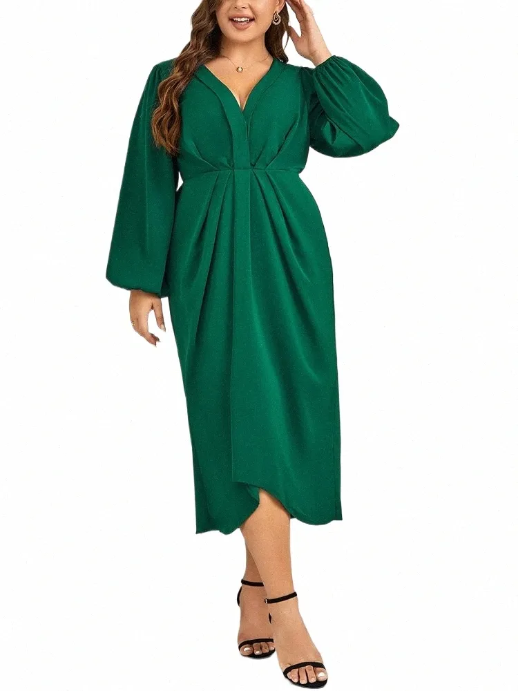 gibsie Plus Size élégant col en V lanterne manches Dr femmes printemps automne froncé taille haute décontractée cocktail travail Lg Dres e0du #