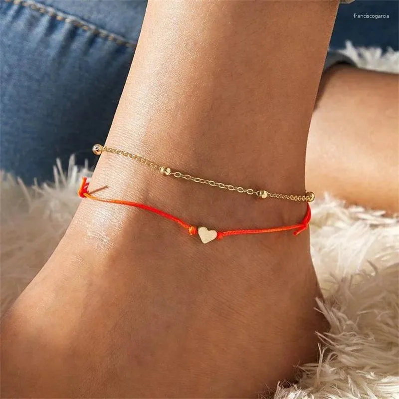 Tobilleras Tobillera De Cuerda De Playa De Verano, Pulseras De Tobillo De Pie De Corazón En Capas Bohemias para Mujer, Regalos De Joyería De Cadena De Pierna