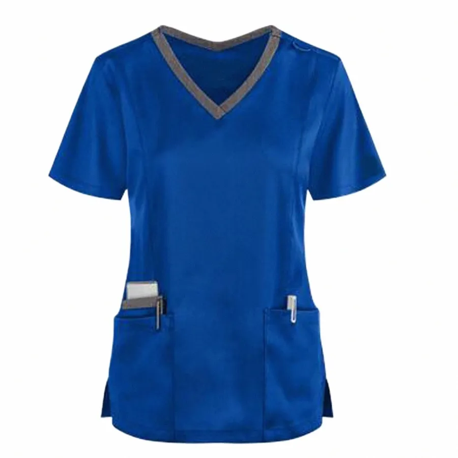 Женская карманная униформа для медсестер Дамы с коротким рукавом и V-образным вырезом Карманные топы для работников сферы ухода Медсестра Рабочая медицинская униформа Блузки Топы a10E #
