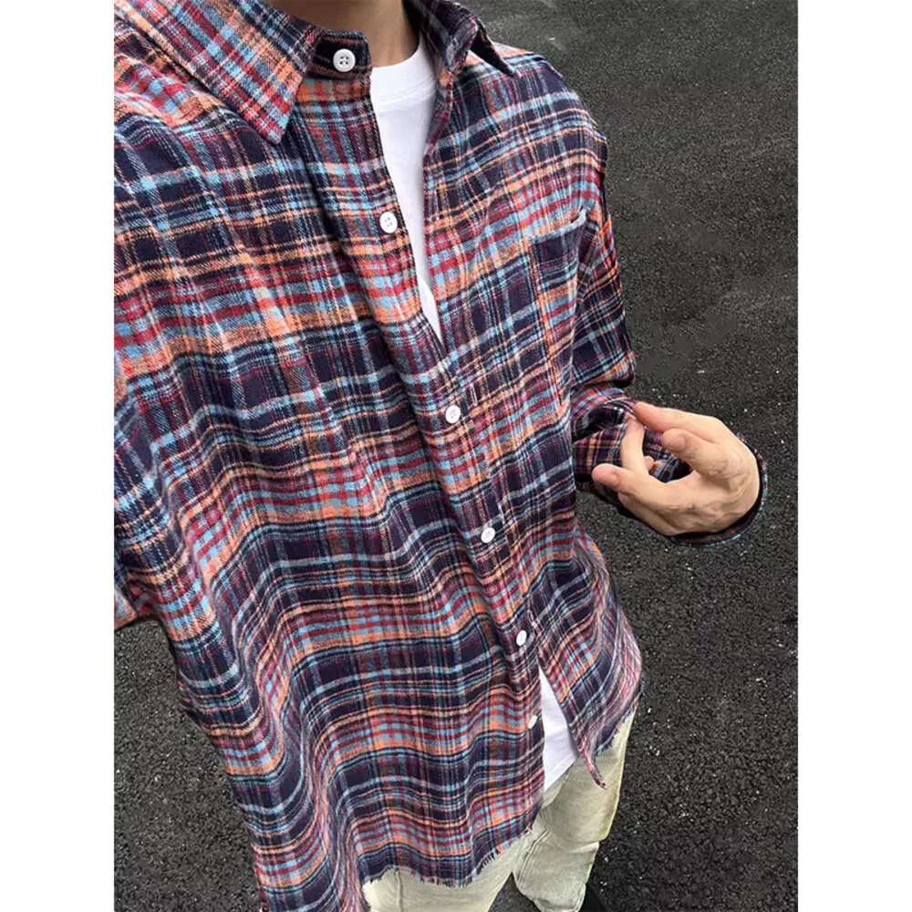 Vintage American Men's Autumn Cleanfit Long Sleeved Checkered Shirt Feeling Coat