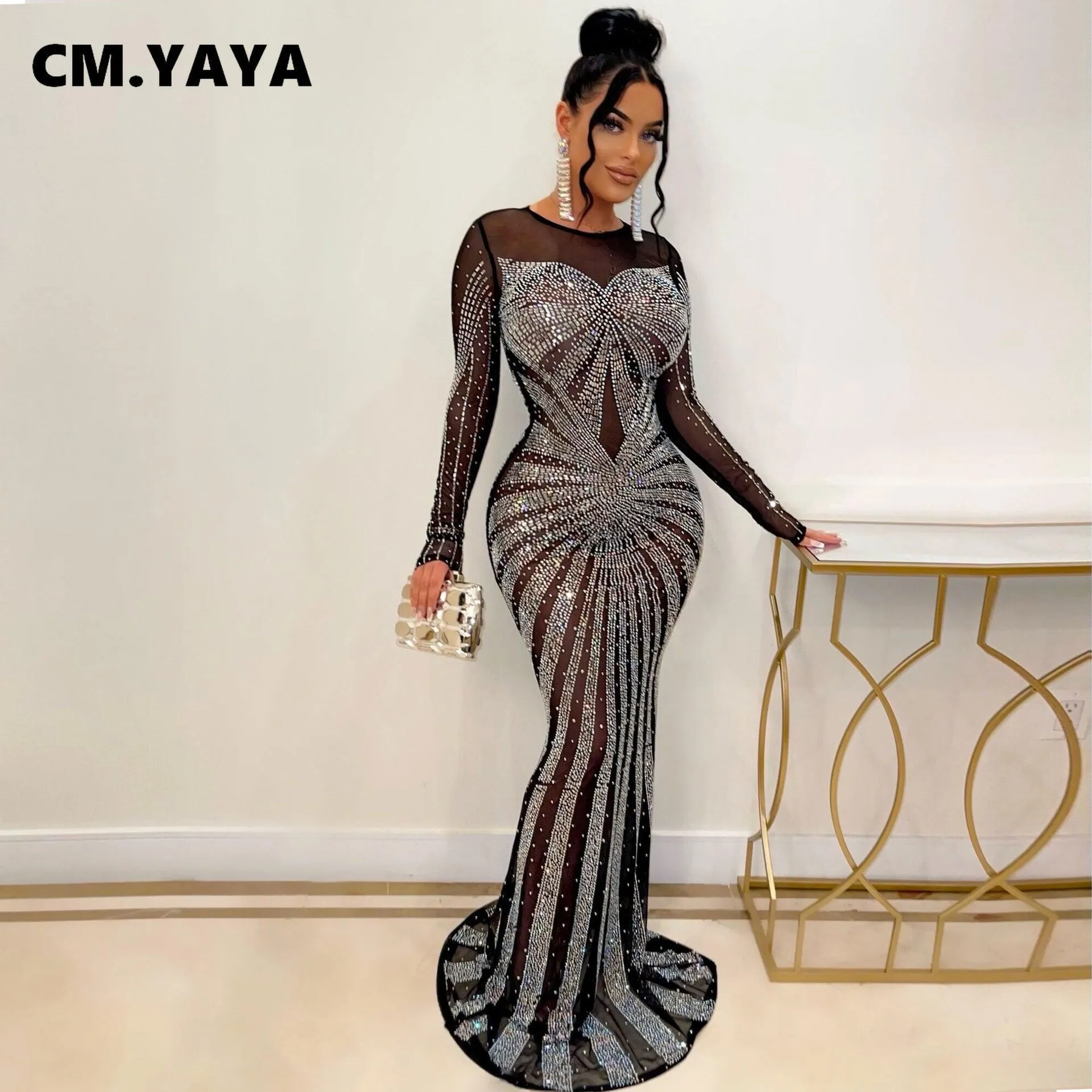 Elegant Womens Rhinestone Mermaid Dress - Sexy Mesh