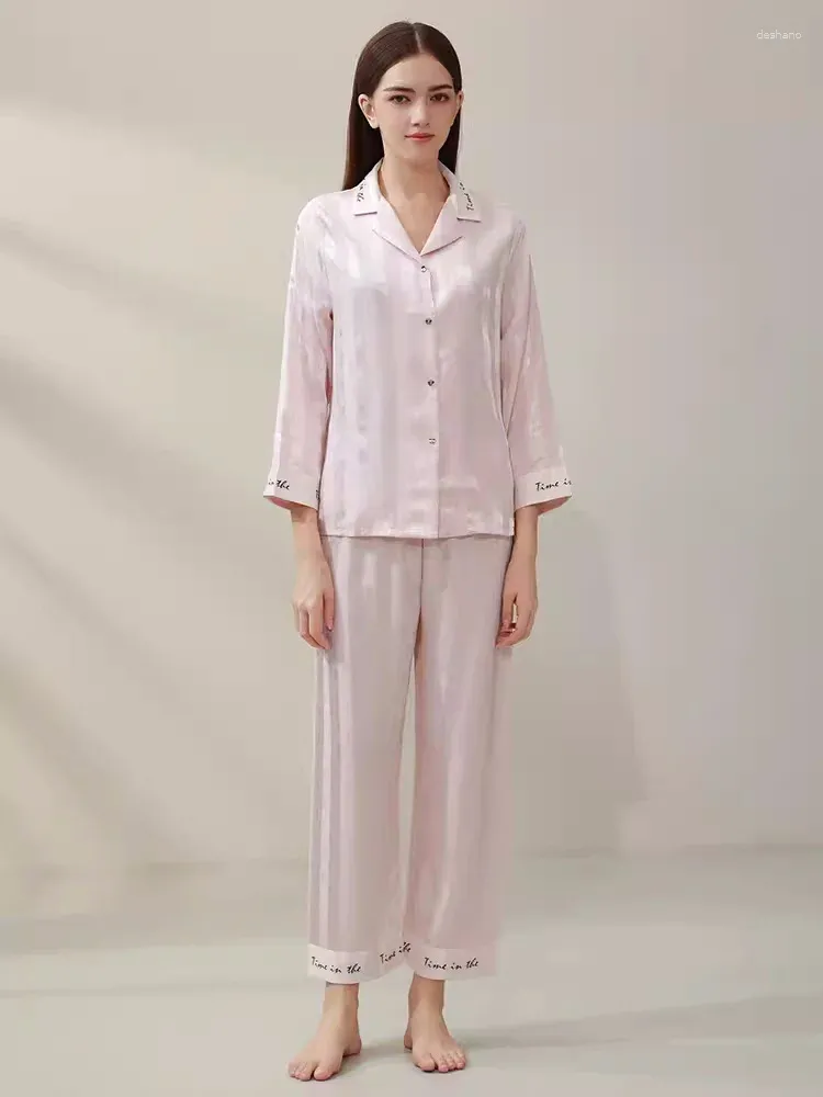 Home Clothing Arrival High Quality Pink Stripes Mulberry Silk Pajamas Set Long Sleeves