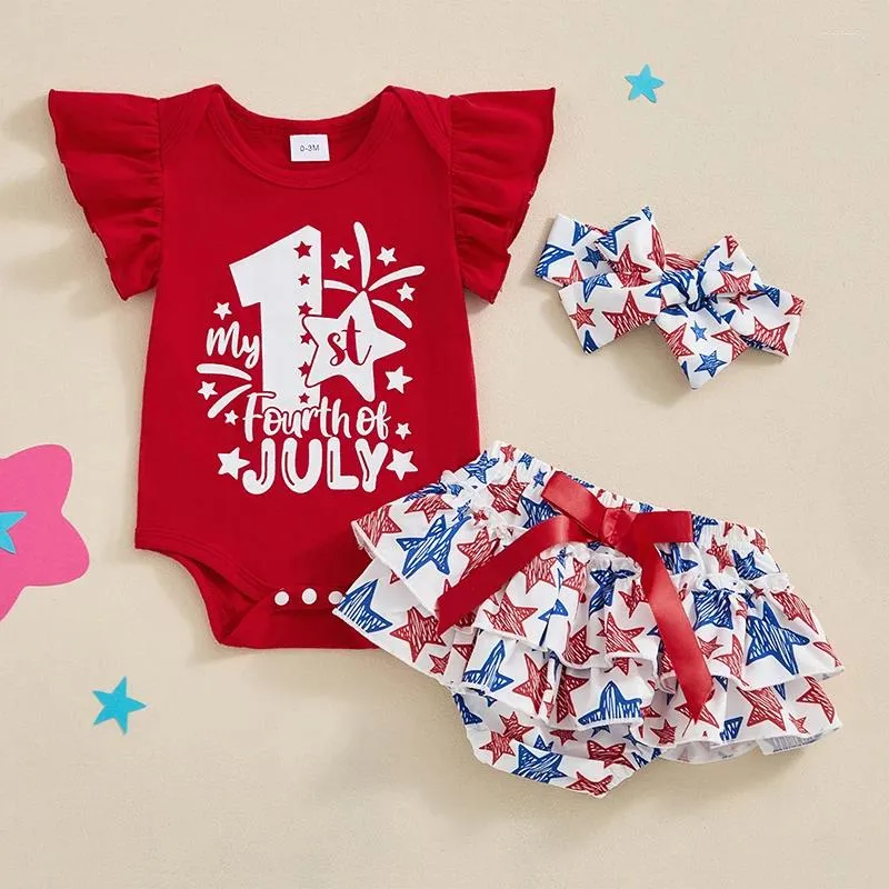 Kleidung Sets 3PCS Sommer Baby Mädchen Kleidung Set Nette Kurzarm Buchstaben Print Strampler Sterne Shorts Haarband Kinder Outfit für Unabhängigkeit