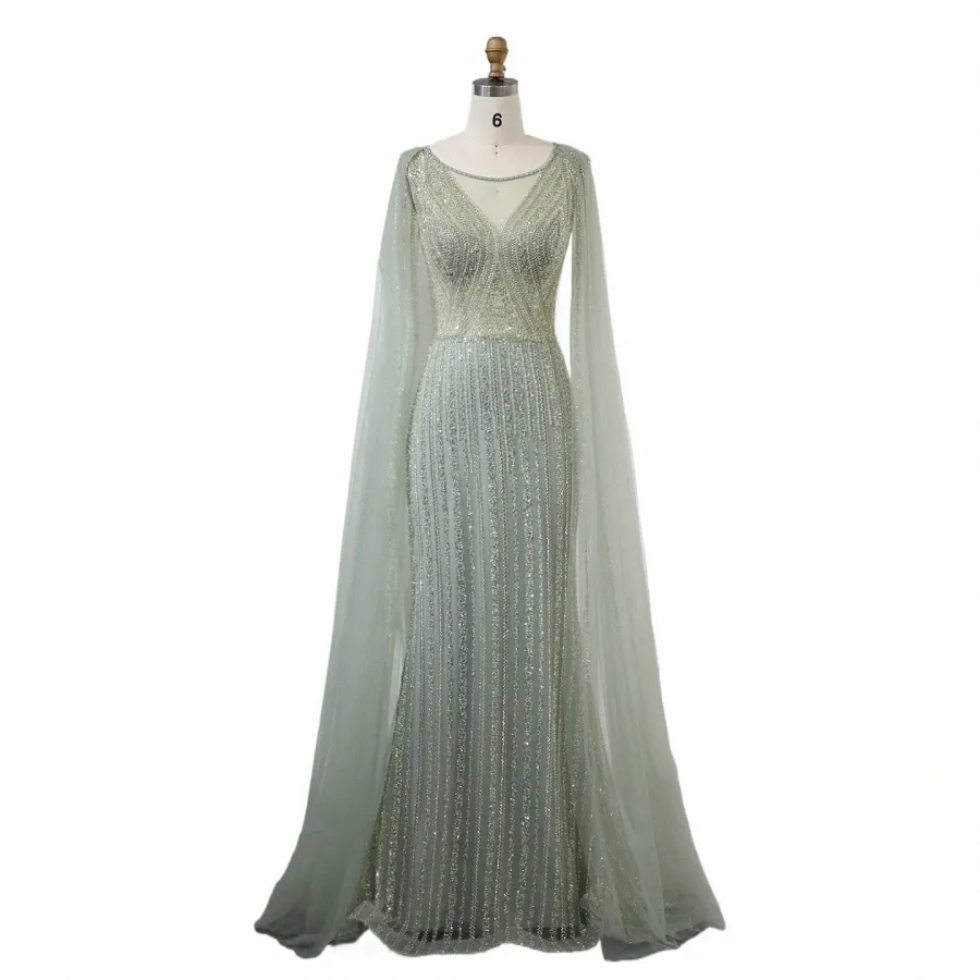 Shar sa att Saudiarabien Sage Green LG Evening Dr med Cape ärmar Luxury Plus Size Women Wedding Formal Party Gowns SS086 J8Q0#