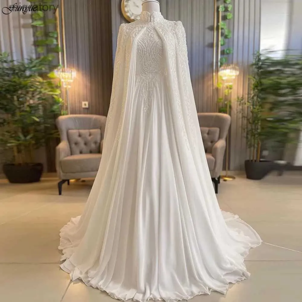 Urban Sexy Dresses Funyue Luxury Long Sleeves Muslim Wedding Dress 2024 Bride Chiffon مع ثياب زفاف مصادفة مع كيب Robe de Marie YQ240329