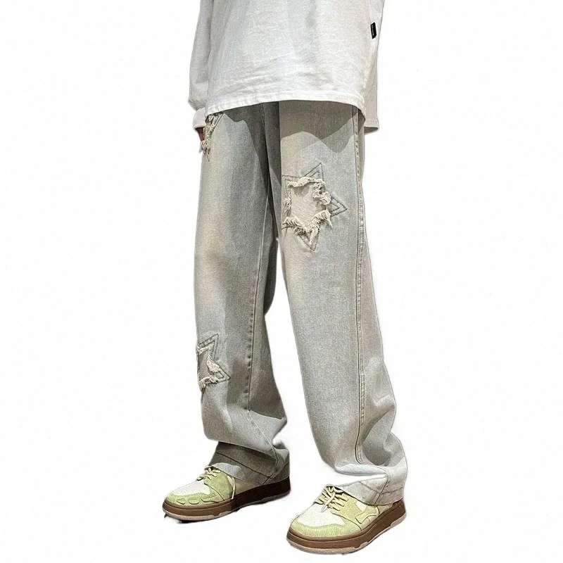 Rétro High Street Lâche Droite Ripped Jeans Mer Hommes Baggy Jeans Pantalons Hip Hop Distred Vintage Denim Pantalons Pantals 92Ry #