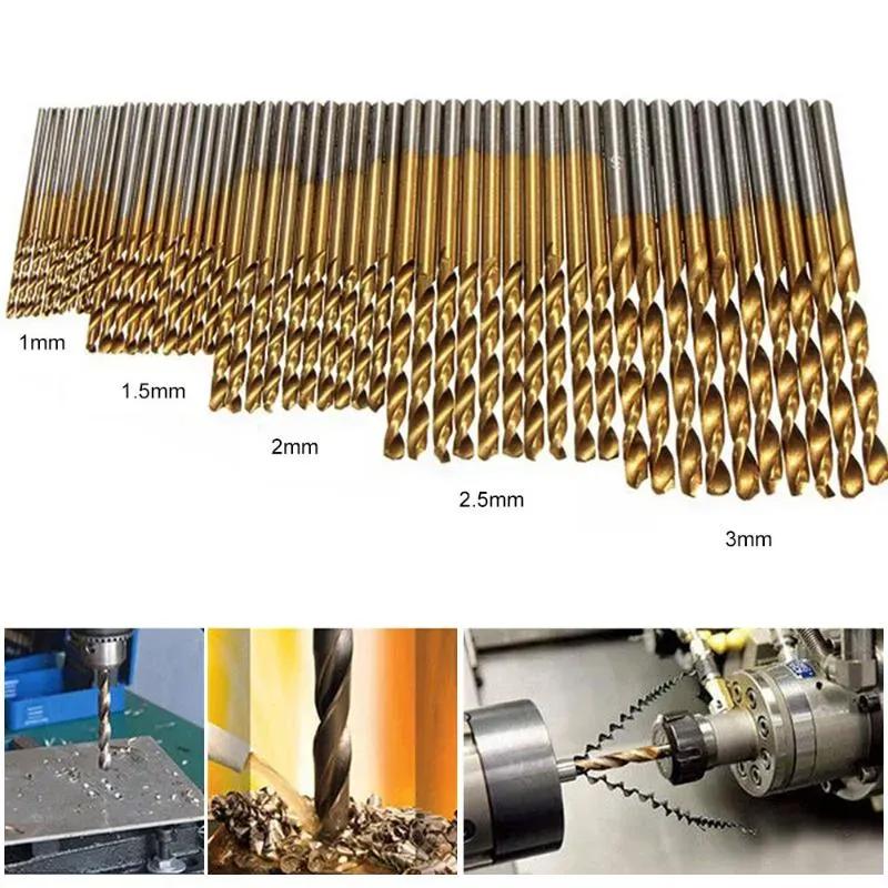 Conjuntos Conjuntos de ferramentas manuais profissionais 50pcs Broca helicoidal de aço de alta velocidade 1.0/1.5/2.0/2.5/3.0mm Conjunto de bits de ferramentas para trabalhar madeira HSS revestido de titânio