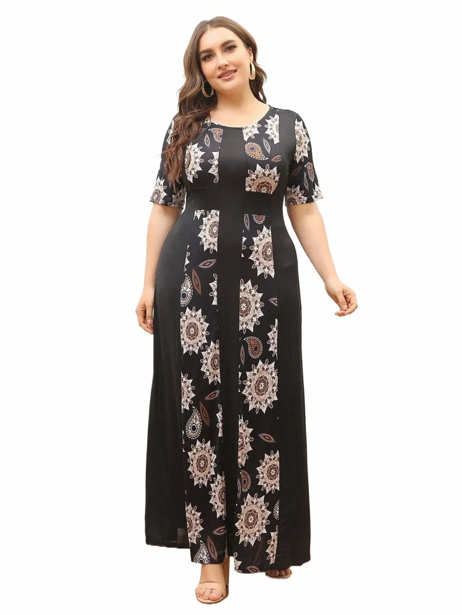 Summer Plus Size Women Dres Fi Print A-Line LG DR CASUAL Kort ärmtryck Temperament Pendling Dr 2023 Y5XA#