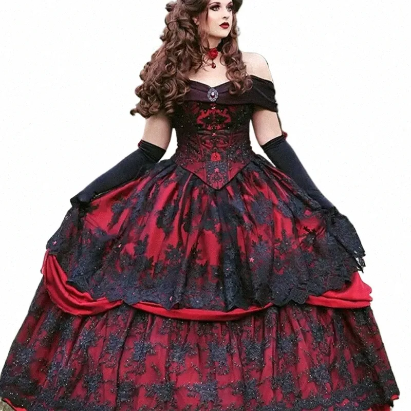 gothic Design Red and Black Wedding Dres Castle Princ Off Shoulder Vintage Lace Bridal Ball Gowns vestido de noiva m4kY#