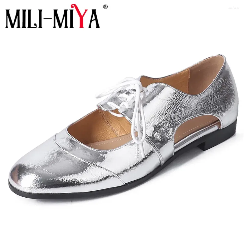 Casual Shoes Mili-Miya Ankomst Leaky Instep Design Women Cow Leather Flats Lace Up Round Toe Solid Color Plus Size 34-40 Handgjorda