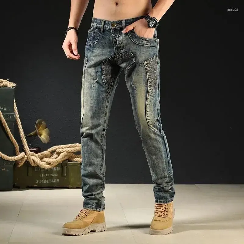Men's Jeans Trousers Spliced For Men Tight Pipe Male Cowboy Pants Skinny Japanese Street Style Low Rise Motorcycle Slim Fit Korean Xs