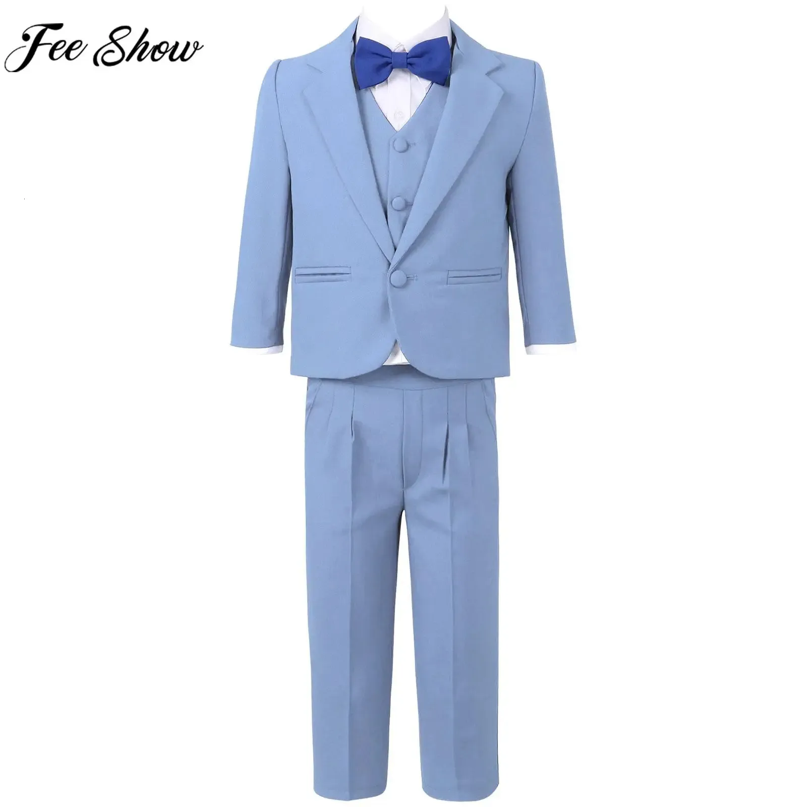 Baby Kids Boy Gentleman Suit 5pcs Set Blazer Shirt Vest Bow Towt Pants Pressing Wedding Birthday Party Scena Formalna odzież 240318