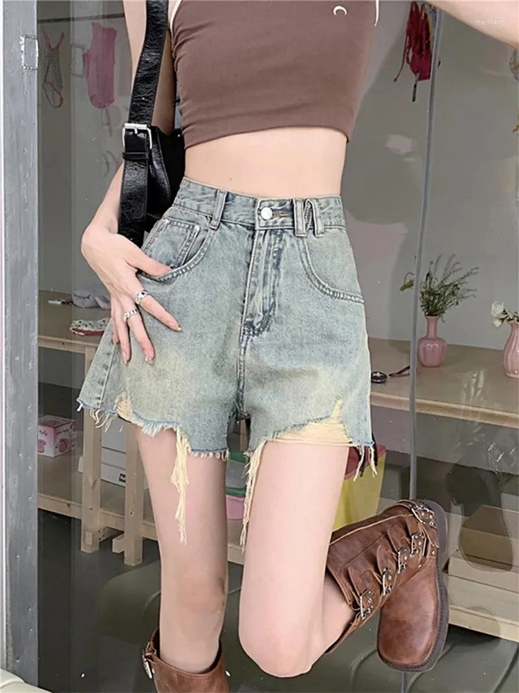Women's Shorts Ripped Hole Denim Summer 2024 Retro High Waisted Slimming A-line Wide Leg Short Pants Loose