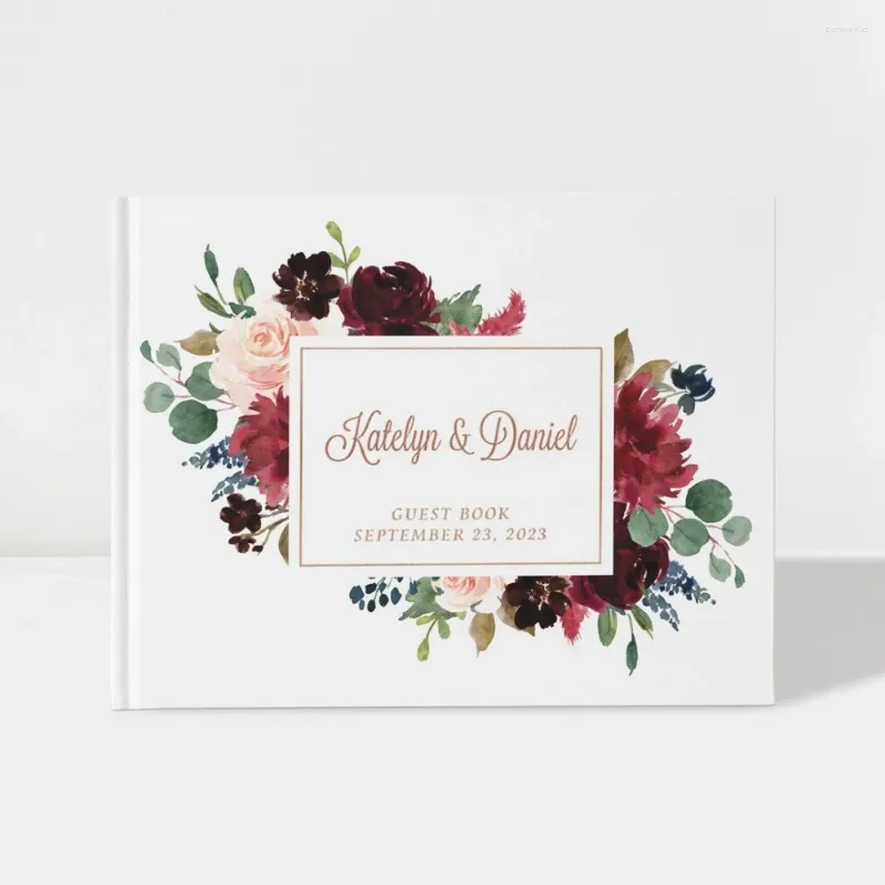Товары для вечеринок Персонализированная гостевая книга на свадьбу |Акварельные цветочные бордовые и розовые золотые 50 листов бумаги Дизайн: A026