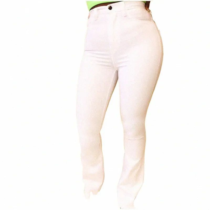 Plus Size High Waist Bell Bottom Jeans Stretchy White Denim