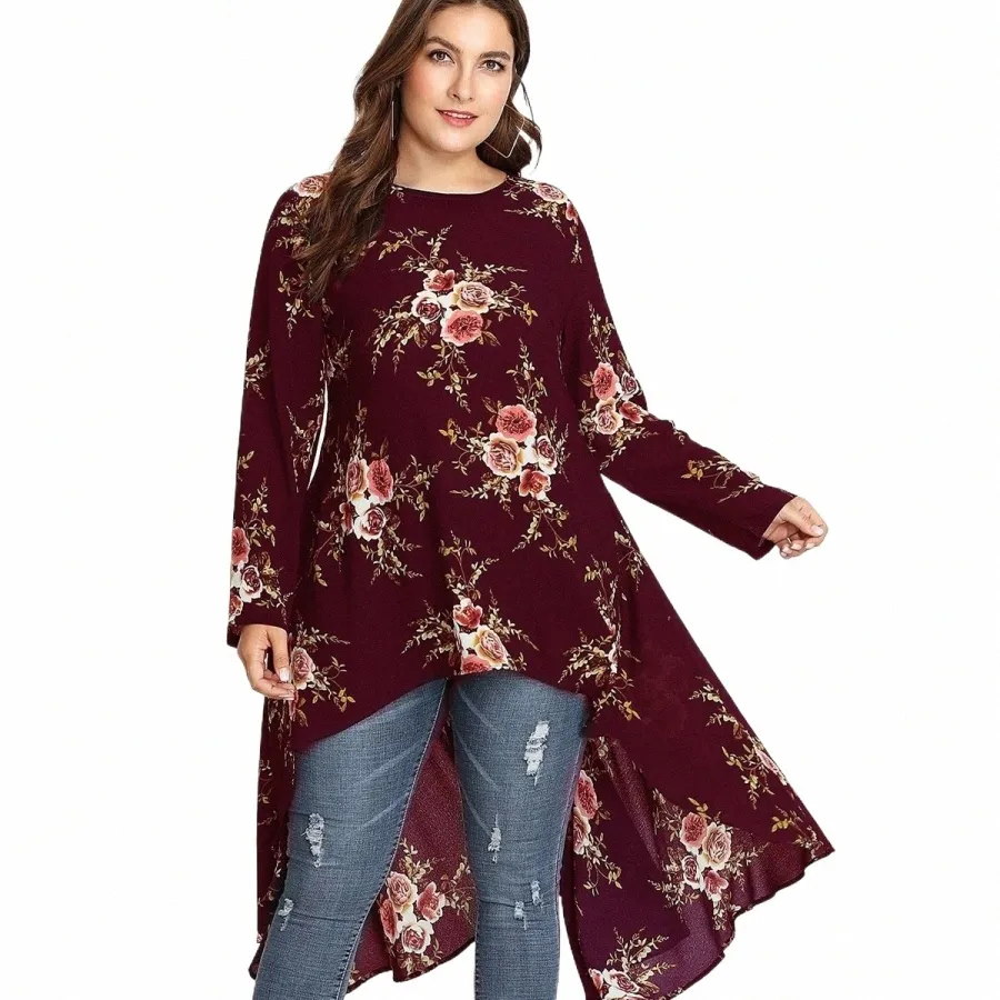 5xl Fi Plus Size Women Dr Lg Sleeve Shirt Boho Style Blouse Floral Print Chiff Big Size Women's Clothing Large Size l4wh#