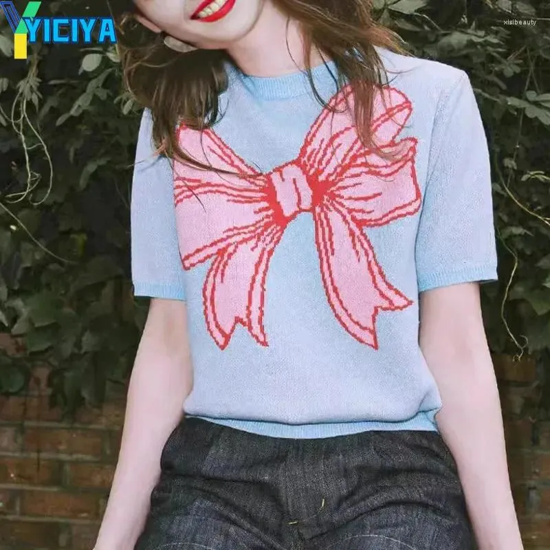 YICIYA Boog Knoop T-shirts Breien T-shirt Voor Vrouwen Korte Mouw Oversize Crop Top 2024 Zomer Koreaanse Mode Outfit