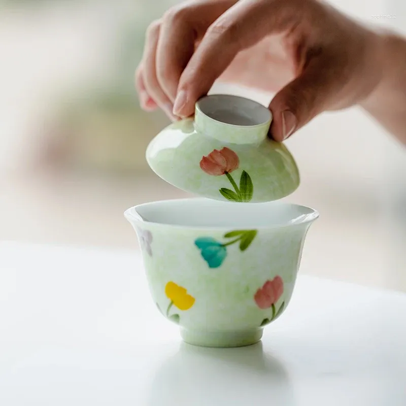 Zestawy herbaveware czysty ręcznie malowany zestaw kwiatowy zielony trzy zadaszone miski herbata chińska herbata infuzer ceramiczna pojedyncza filiżanka