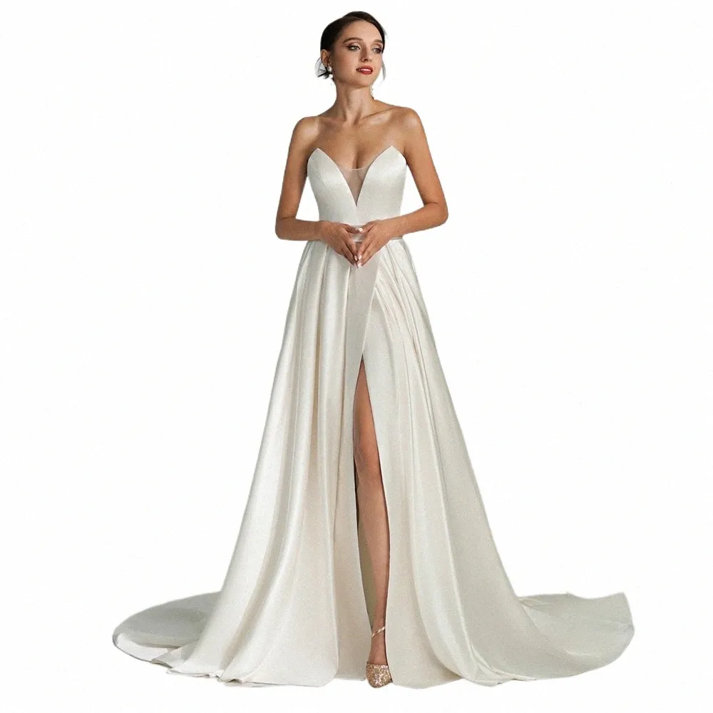 Bepeithy Elfenbein Satin A-Linie Hochzeit Kleid für Frauen 2024 Schatz Sexy High Slit Sweep Zug Weiße Braut Boho Brautkleid N9Vj #