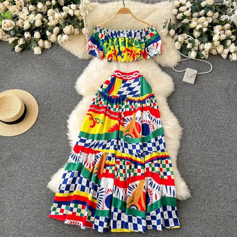 Work Dresses Summer Fashion Runway Vintage Party Print Skirt Suit Women Slash Neck Elastic Waist Tops Ruffles Long 2 Pieces Set