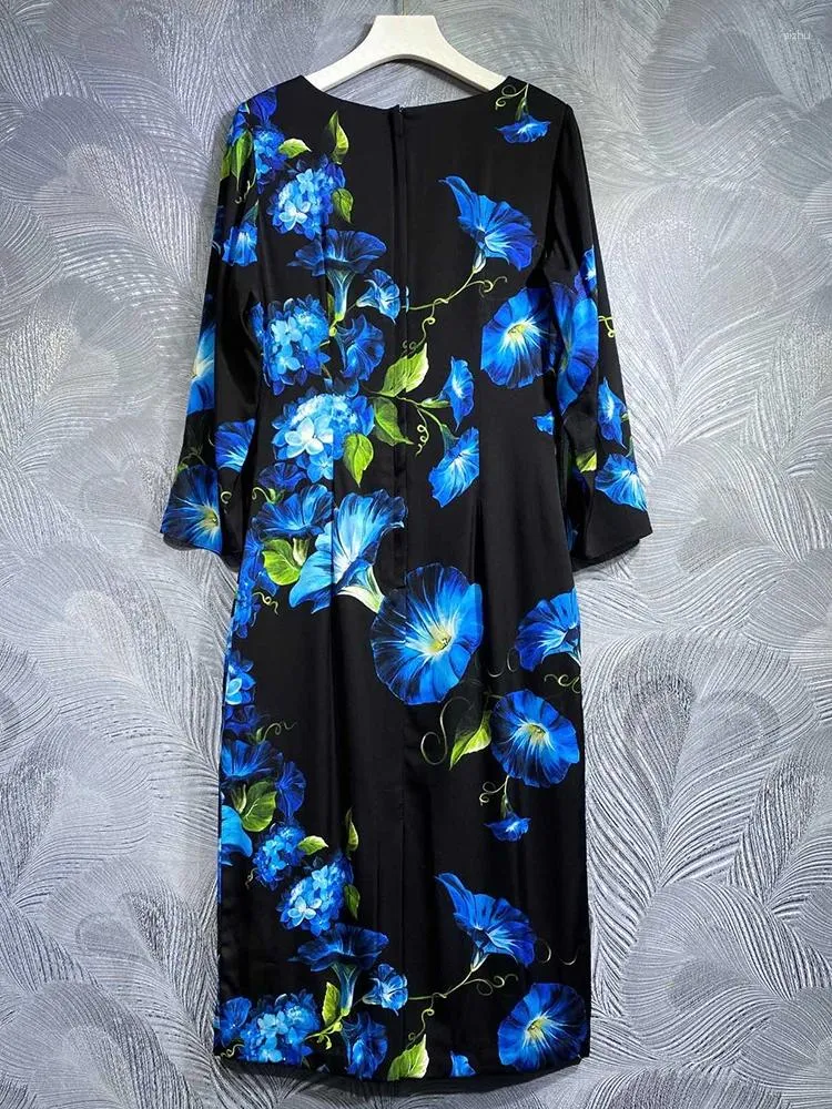 Robes décontractées Seifrmann haute qualité été femmes créateur de mode robe midi o-cou fleur imprimé fête vintage soie