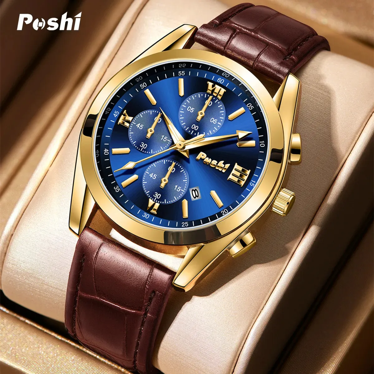 Poshi Fashion Mens Watches Quartz Movement Watch Luxury Leather Strap With Calender Waterproof Sport Wristwatch för Man 240318