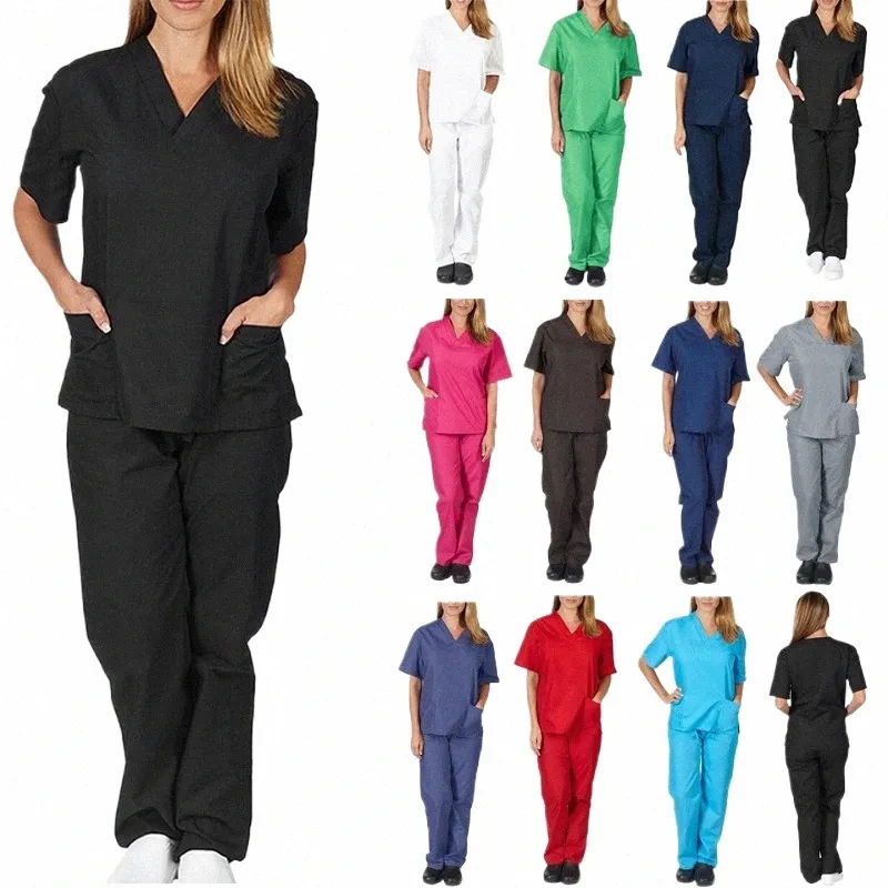 Uniformes de gommage d'allaitement à col en V Sal Spa Toilettage pour animaux de compagnie Vêtements de travail Couleur unie Hauts à manches courtes Pantalons Costumes médicaux 47CY #