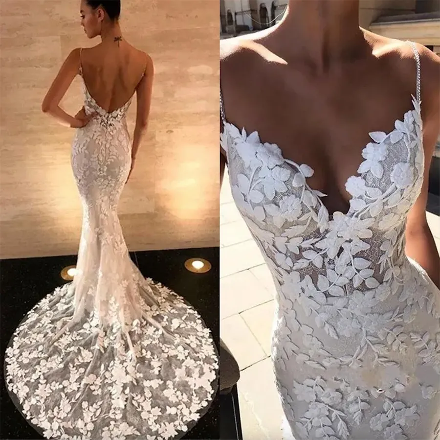 New Mermaid Wedding Dresses 2024 V Neck Long Sleeves Full Lace Appliques Front Split Sheer Sweep Train Backless Plus Size