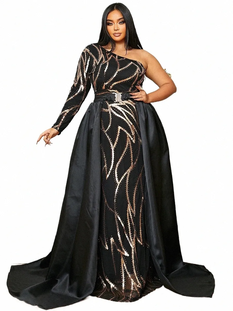 Missord Black Cecin Plus Size Even Elegant Women One ramię LG Sleeve Pas MAXI Party Prom Dr z suknią pociągu B2CP#