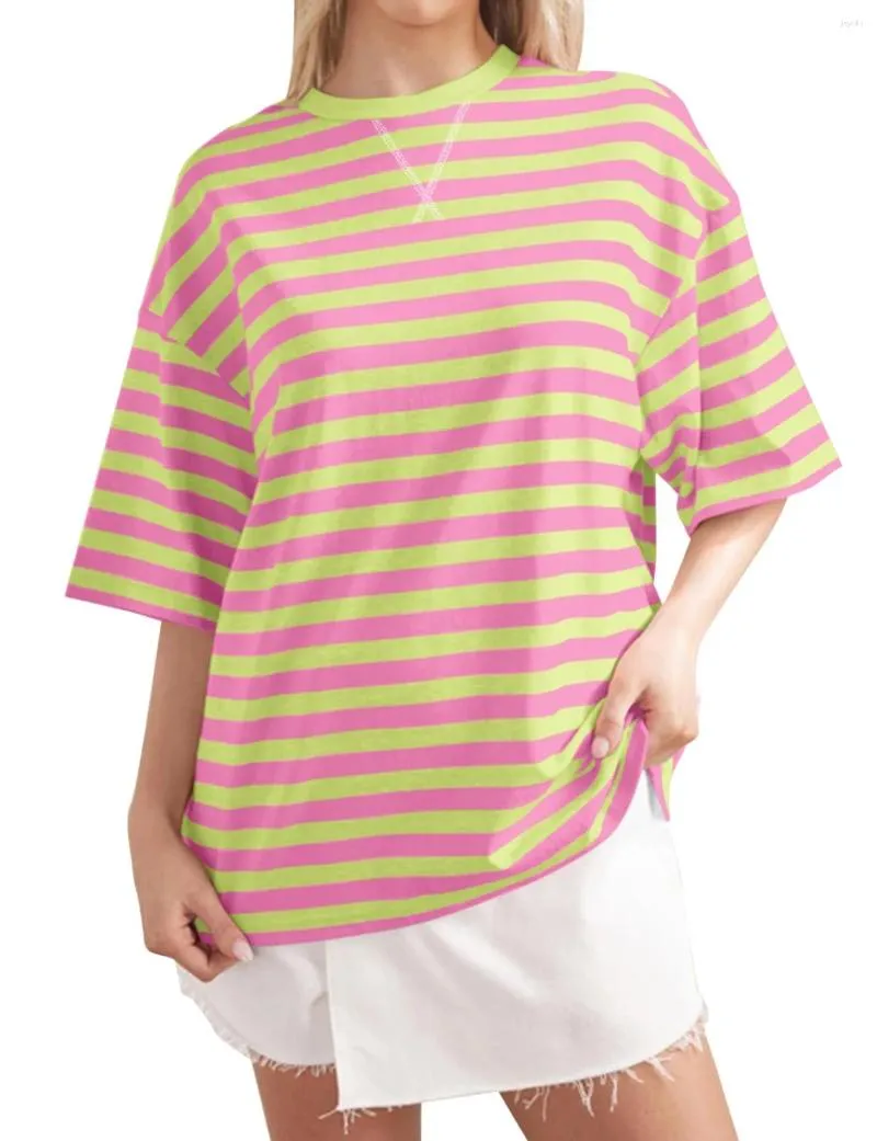 Women's T Shirts Women Oversized Striped Color Block Short Sleeve Crew Neck Compression Ladies Athletic Wear Tech Medium