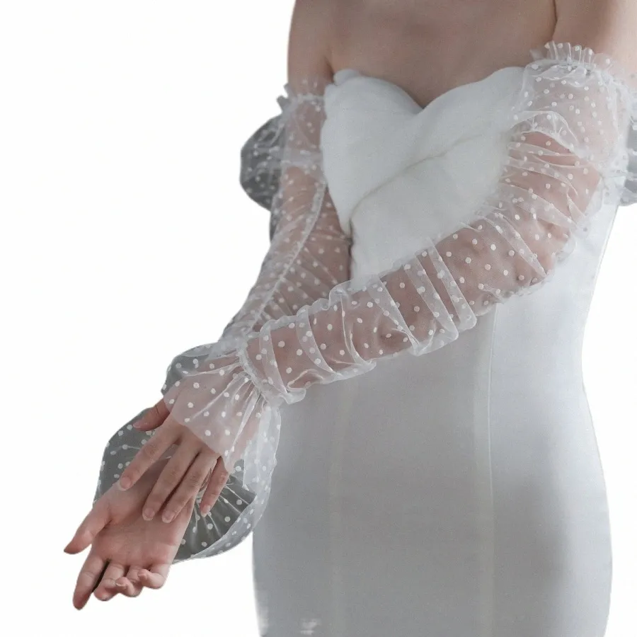 wg053 Elegante Bruiloft Bruids Wit Lg Sleevelet Zachte Stippen Tule Ruches Bruiden Bruidsmeisje Handschoenen Vrouwen Prom Voer Handschoenen V0Vi #
