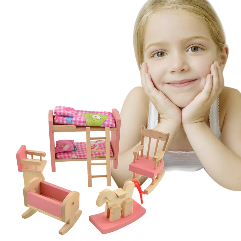 Meubles de salle de bain roses, lit superposé, meubles de maison pour poupées, meubles miniatures en bois, jouets en bois pour enfants, cadeaux d'anniversaire et de noël