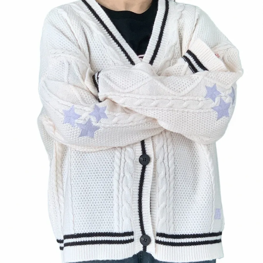 Star Cardigan Women Overdimensionerad rumpa upp chunky kabel stickad tröja med stjärnbroderi ärm varm stickad höst vinter g4bg#