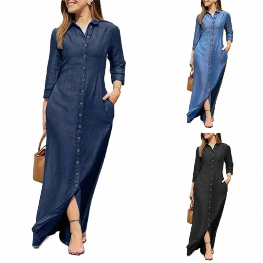 Fi Denim Dr Femmes Grande Taille Lg Manches Revers Maxi Chemise Dr Simple Élégant Poches Simple Boutonnage Lg Dr x6bH #