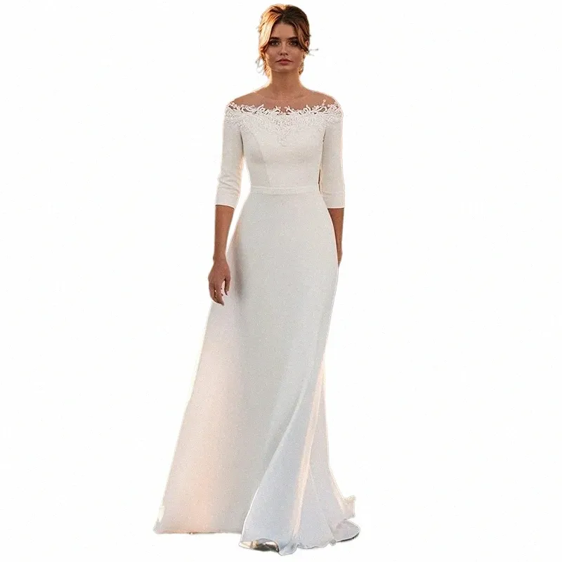 Elegant A-Line Wedding Dr Women 3/4 LG Sleeve Lace dragkedja Back Boat Neck Applique Bridal Gown Sweep Train Vestidos de Noiva J0ah#